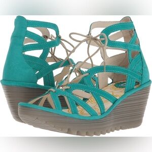 Fly London Yuke Wedge Sandal Strappy Lace Up Teal Gray Wedge Size 40
